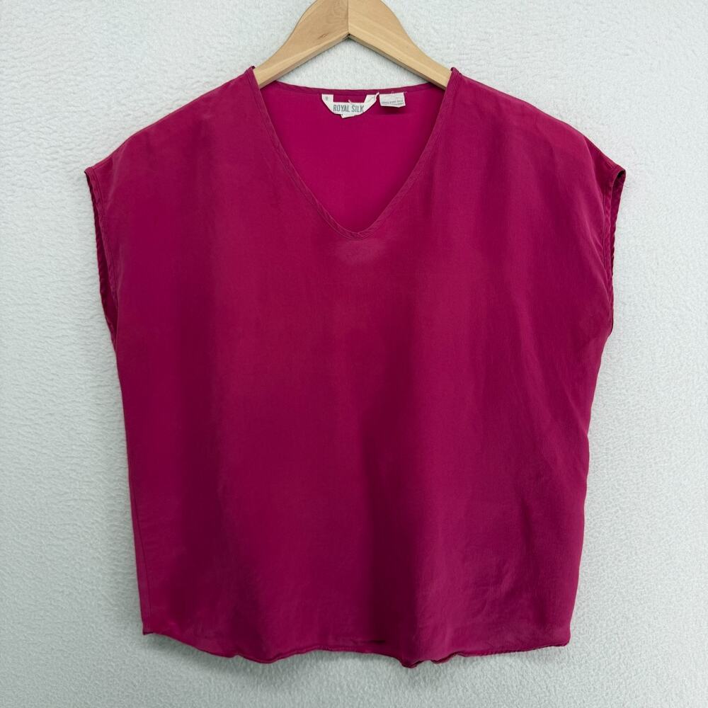 ROYAL SILK Top Womens M Silk Crepe de Chine Boxy V-Neck Cap Sleeve Pink HK VTG